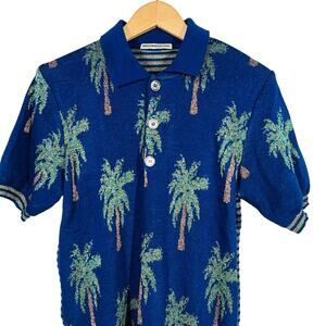 Erotokritos Metallic Silk Knit Top Short Sleeve Palm Tree Sweater Stripe - 1